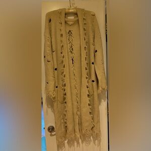 Simply Couture Cream Cardigan distressed with Fringe and Lace-Up Details